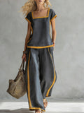 Womens Square-Neck Short-Sleeve Casual Loose Top And Pants Set