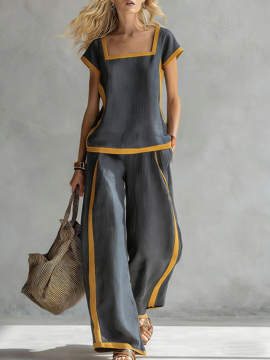 Womens Square-Neck Short-Sleeve Casual Loose Top And Pants Set