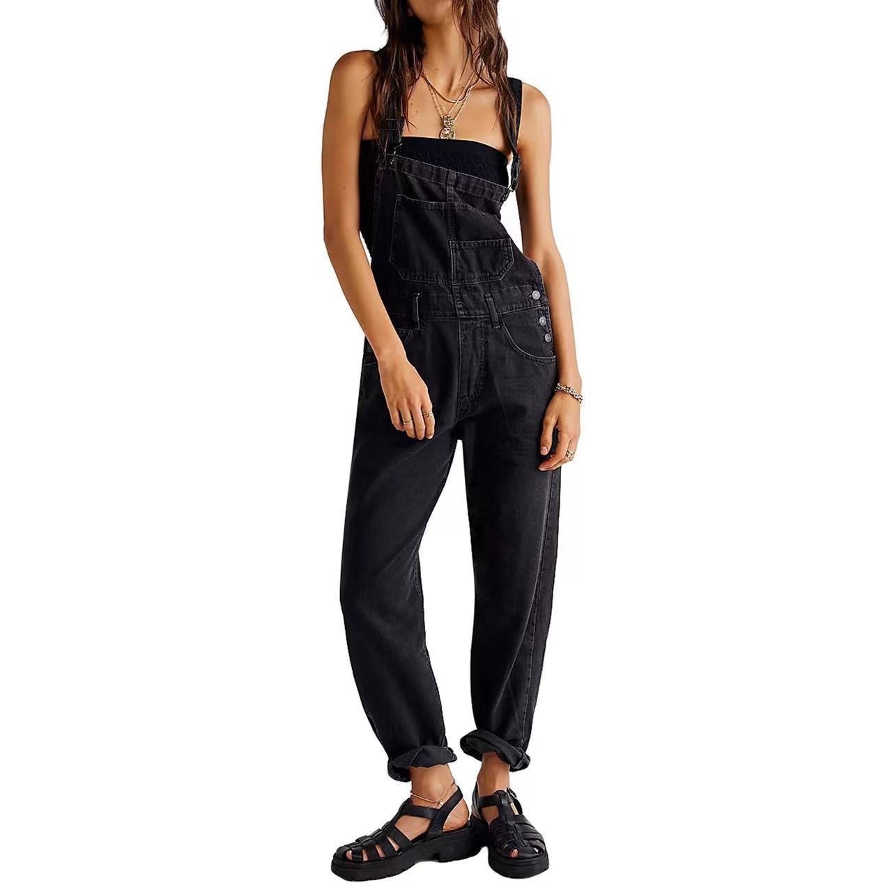 Women's High-Waisted Jumpsuit Overalls With Pockets Loose Fit Denim Trousers Casual Straight Leg Pants