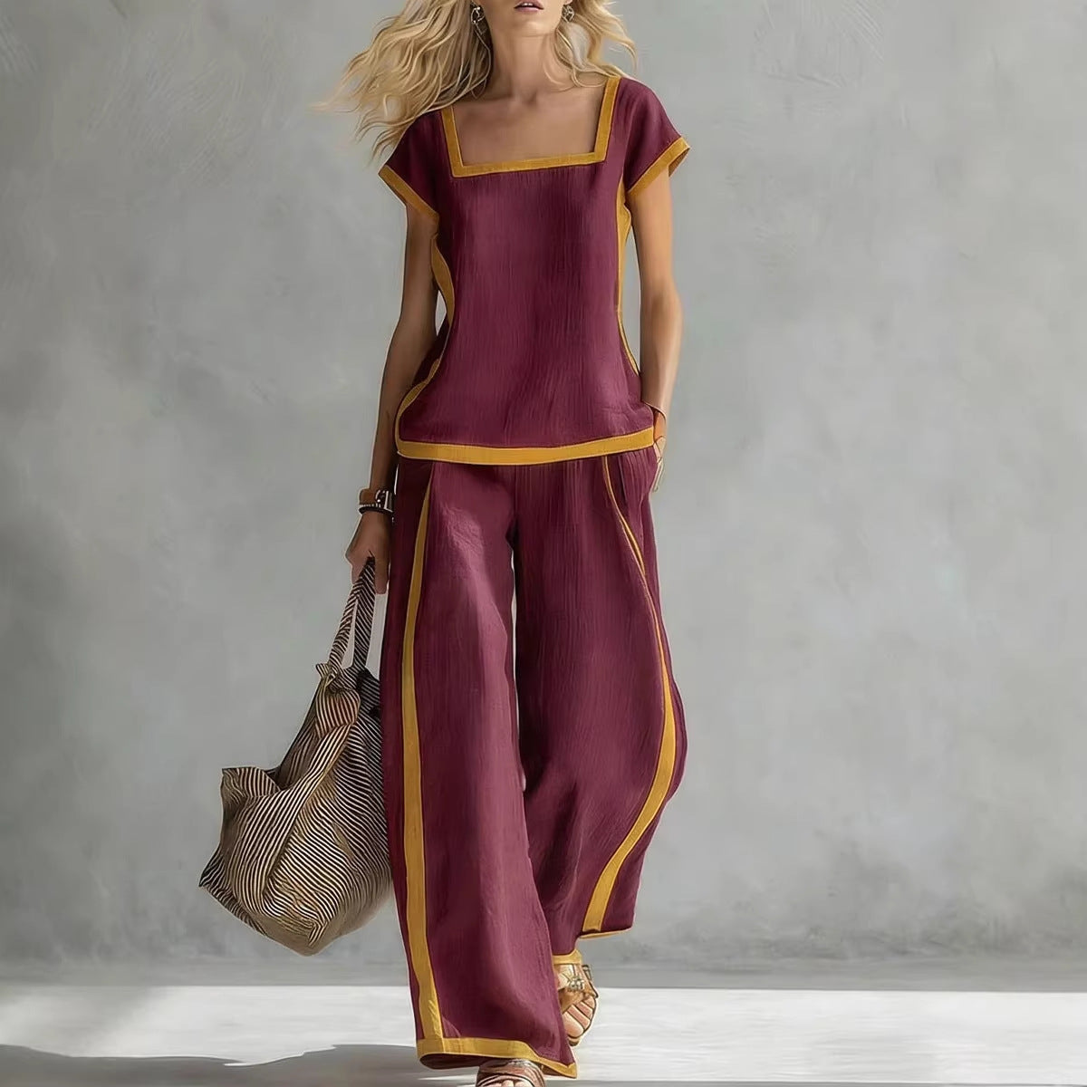 Womens Square-Neck Short-Sleeve Casual Loose Top And Pants Set