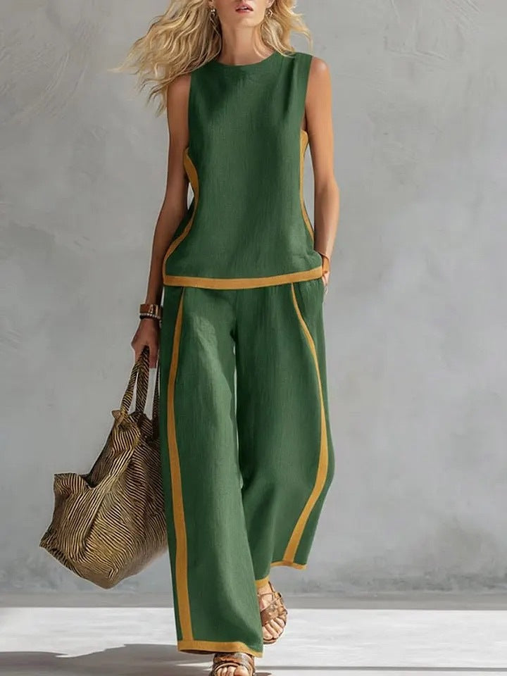 Round-neck Sleeveless Casual Loose Top And High-waist Loose Wide-leg Pants Set