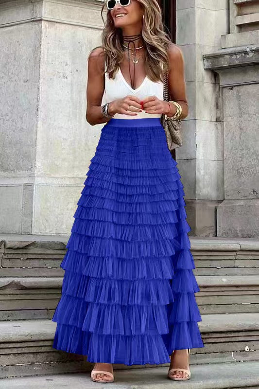 Layered Ruffles Cake Skirt Summer Fashion A Line Swing Mesh Long Skirt Party Dress Women