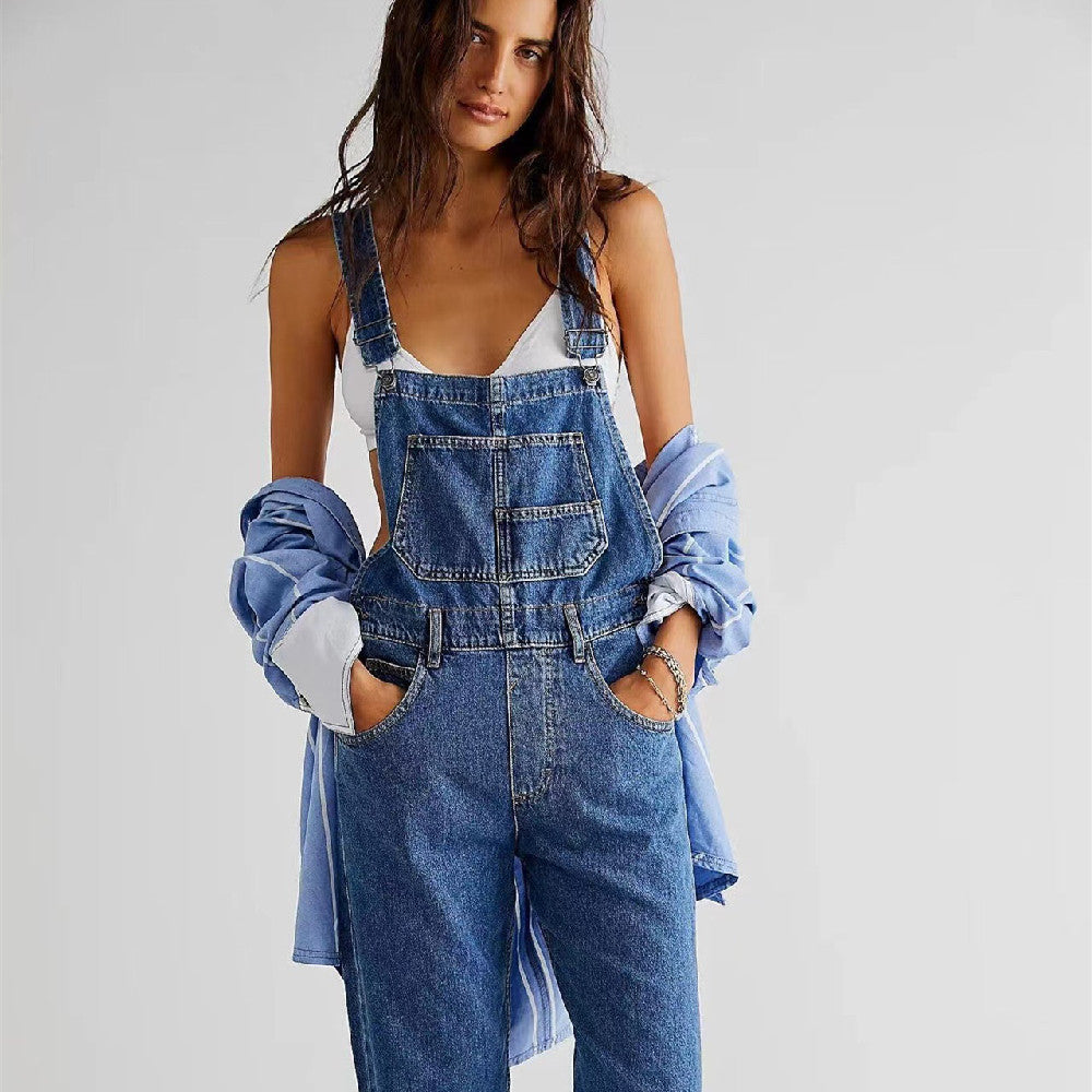 Women's High-Waisted Jumpsuit Overalls With Pockets Loose Fit Denim Trousers Casual Straight Leg Pants