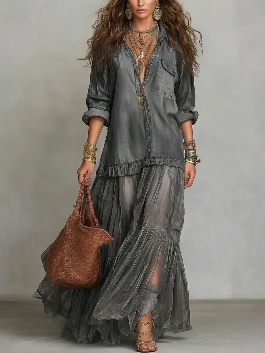 Boho Shirt Maxi Dress with Sheer Ruffle Skirt