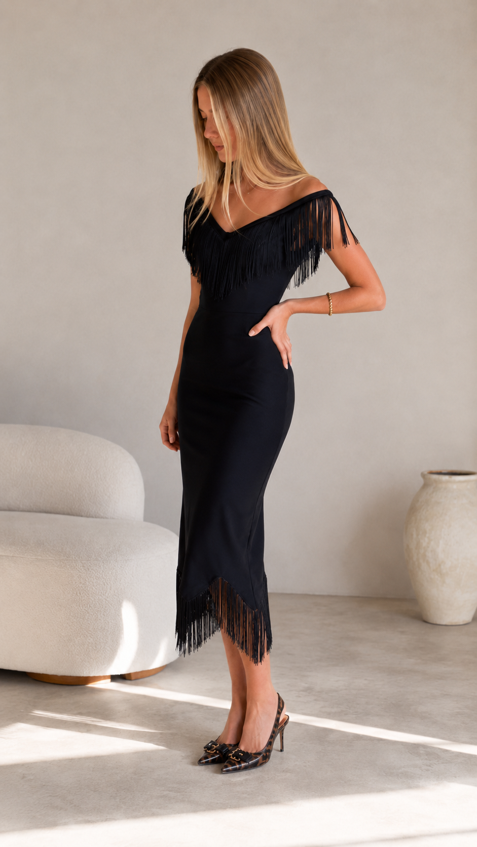 Noir Fringe Midi Dress