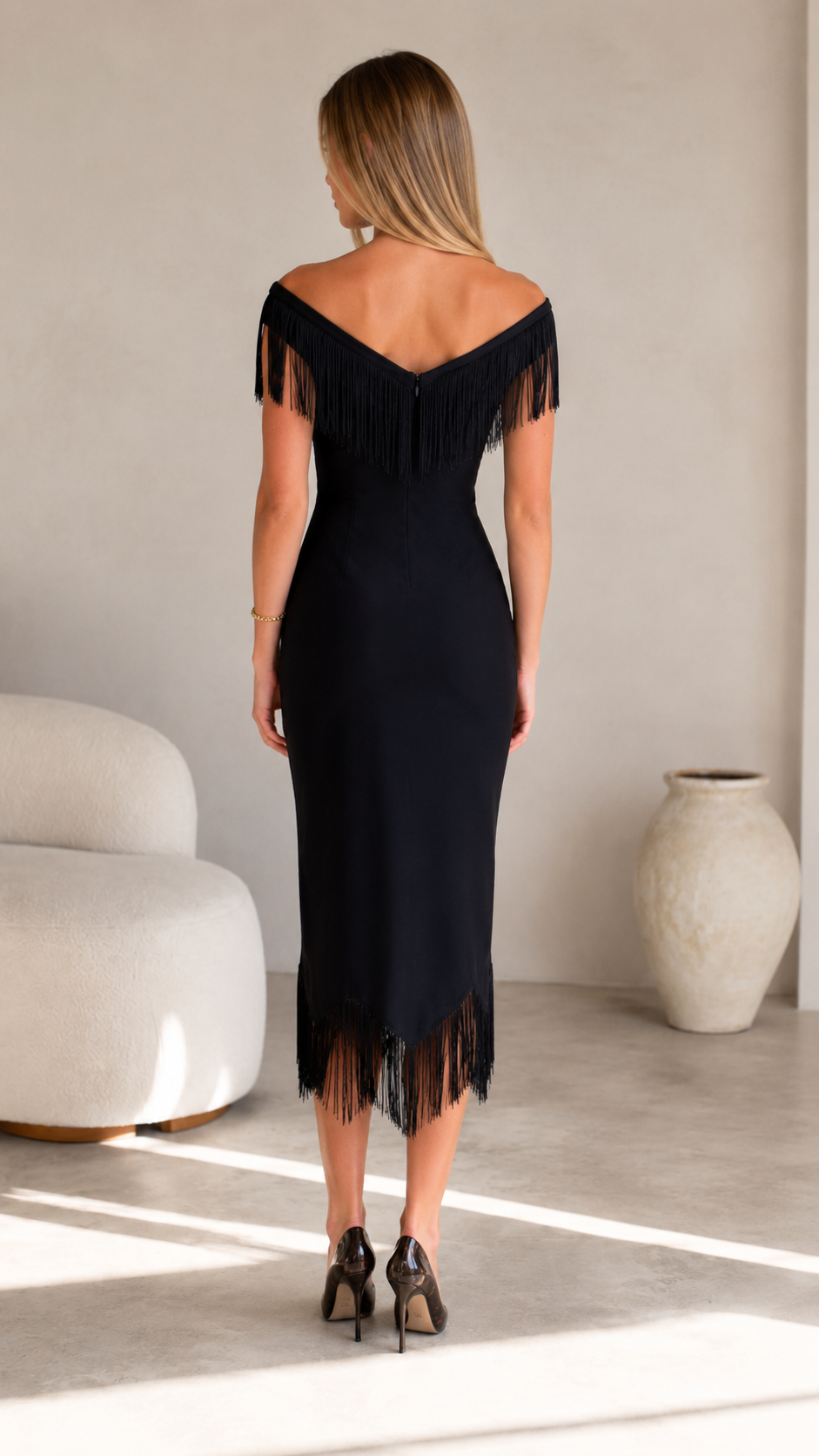 Noir Fringe Midi Dress