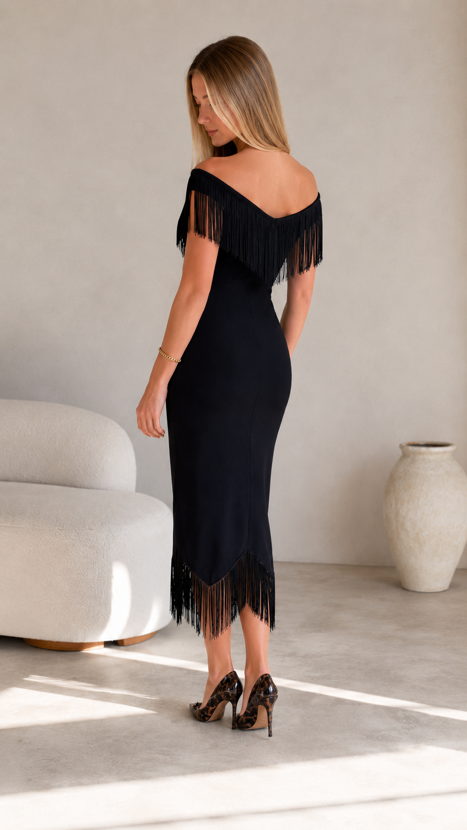 Noir Fringe Midi Dress