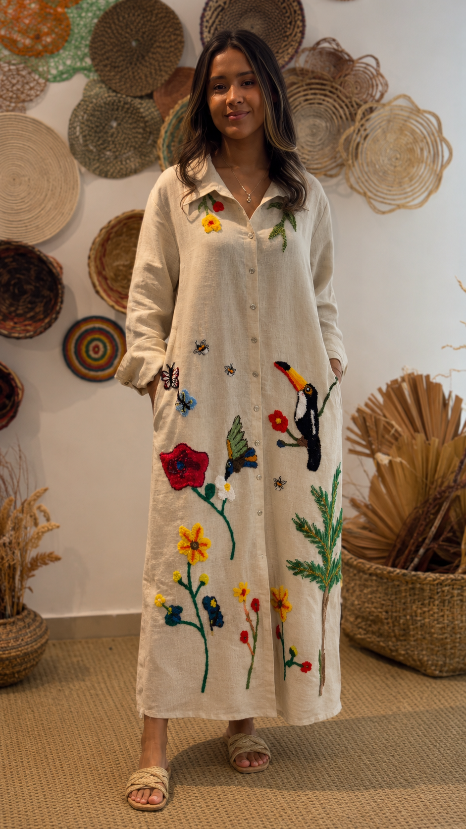 Tropical Embroidered Linen Maxi Dress