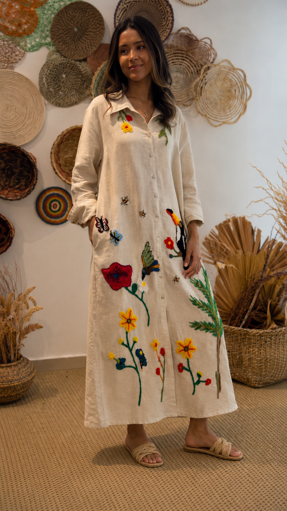 Tropical Embroidered Linen Maxi Dress