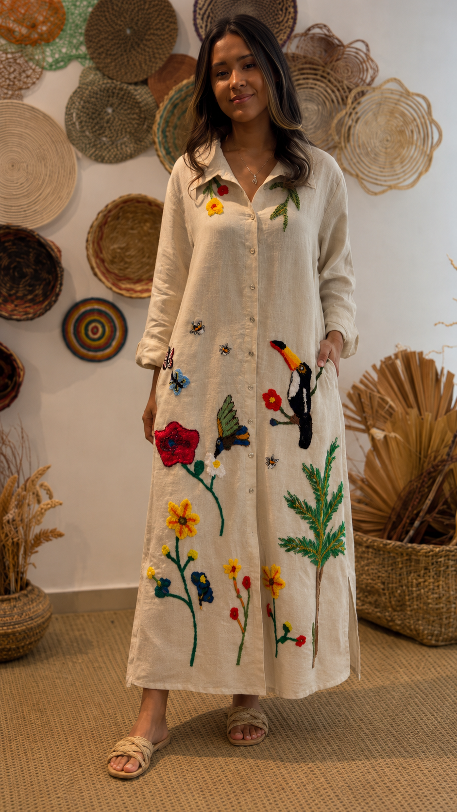 Tropical Embroidered Linen Maxi Dress