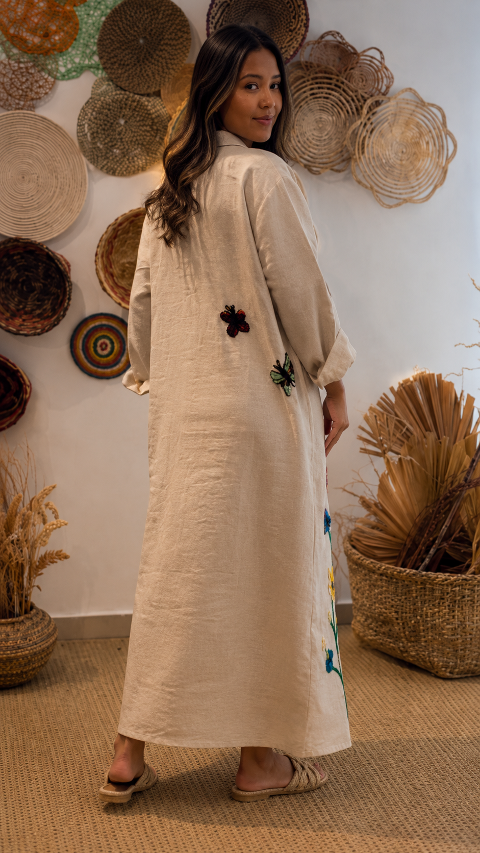 Tropical Embroidered Linen Maxi Dress