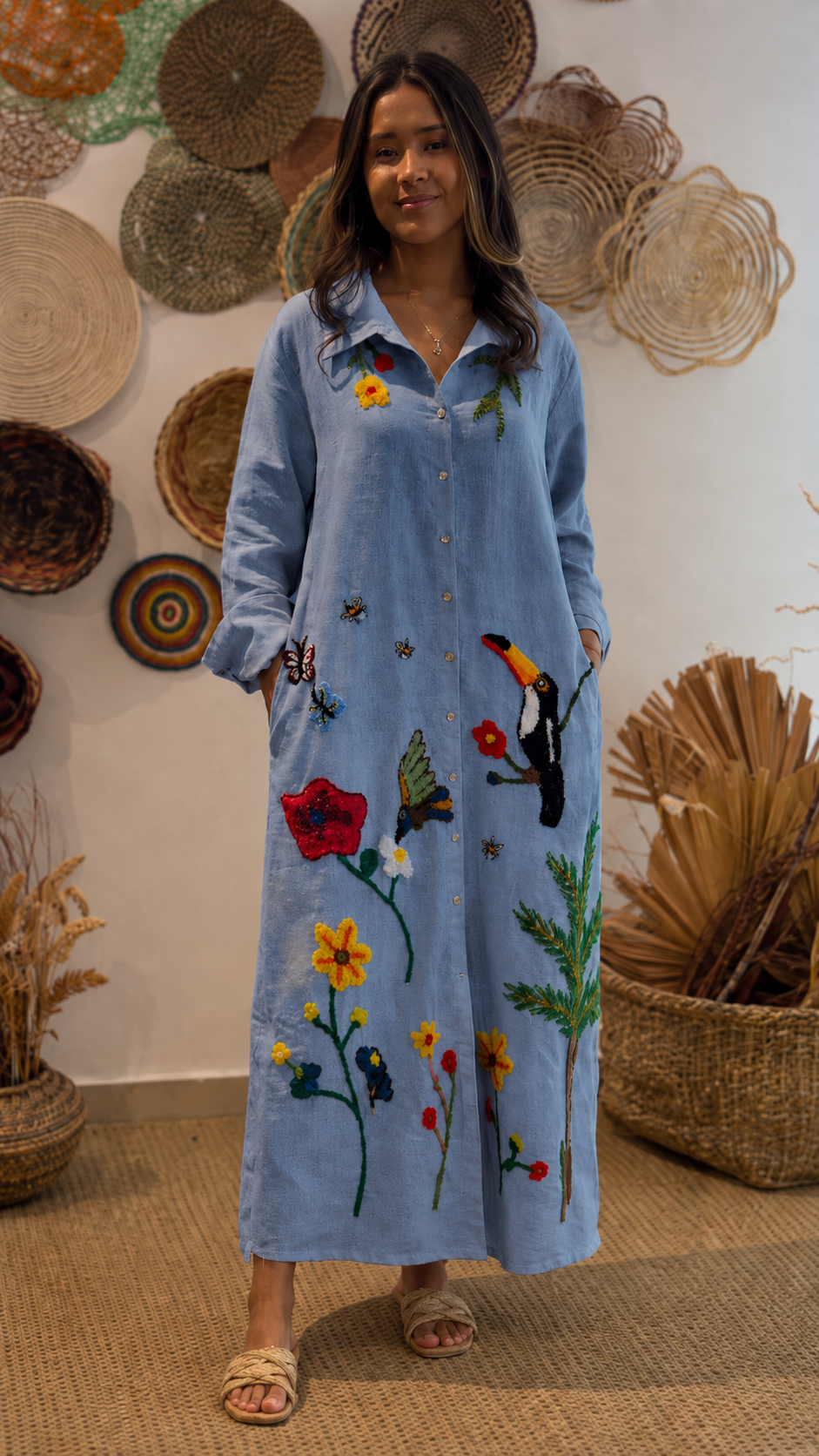 Tropical Embroidered Linen Maxi Dress