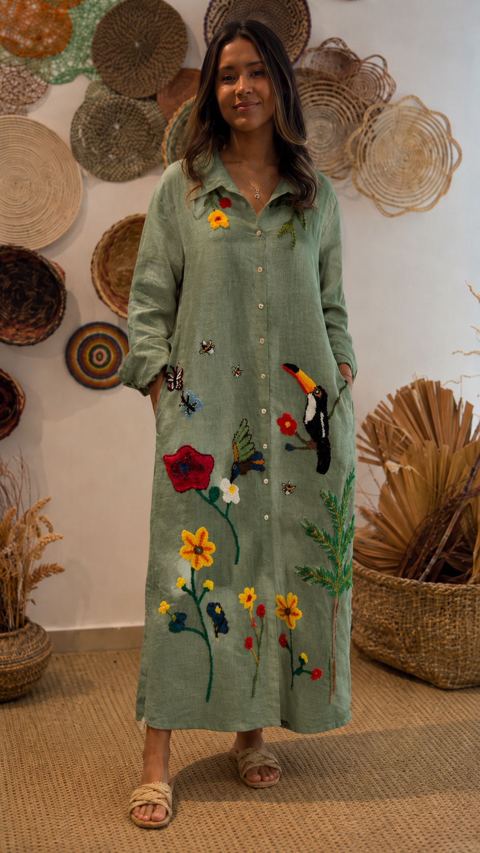 Tropical Embroidered Linen Maxi Dress