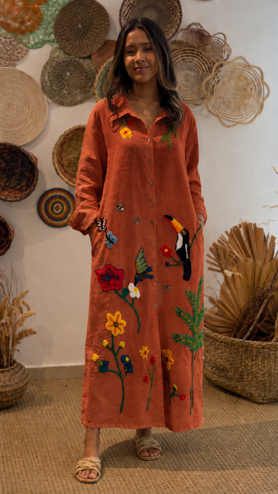 Tropical Embroidered Linen Maxi Dress