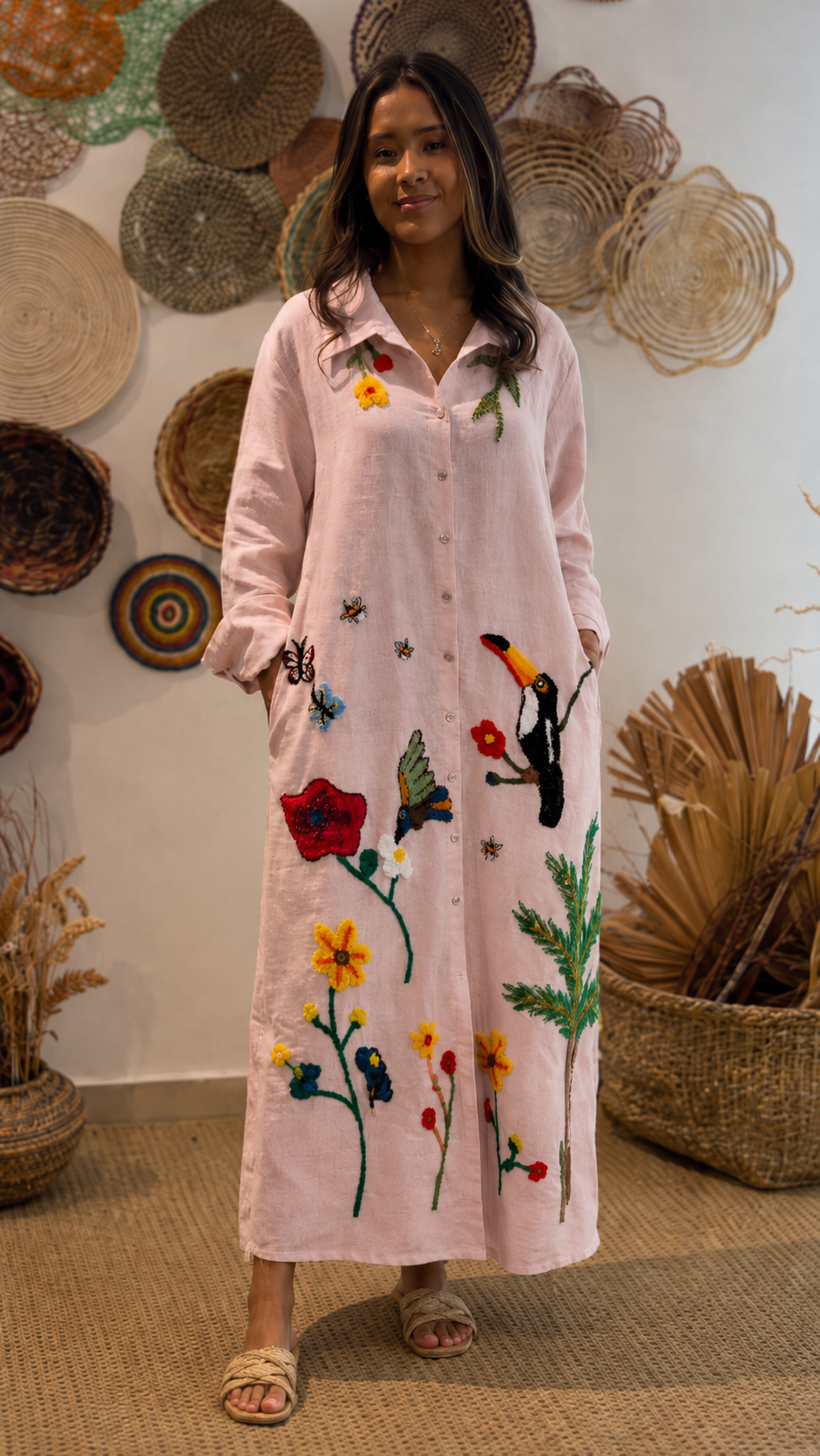 Tropical Embroidered Linen Maxi Dress
