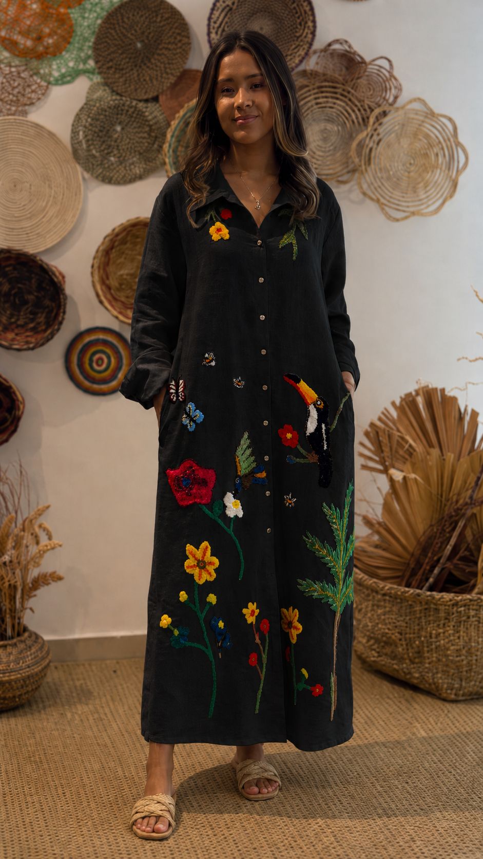 Tropical Embroidered Linen Maxi Dress