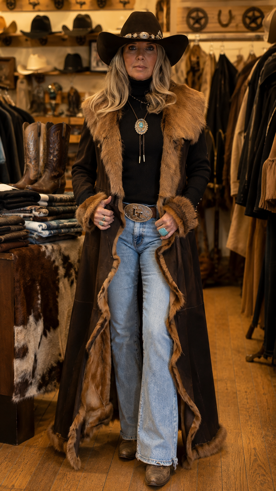 Western Faux Fur Trim Long Coat