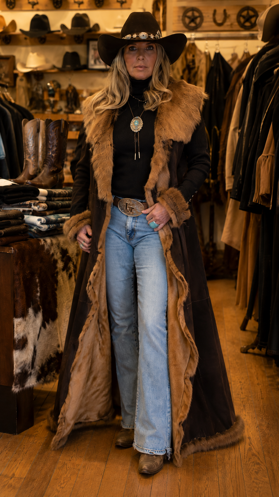 Western Faux Fur Trim Long Coat