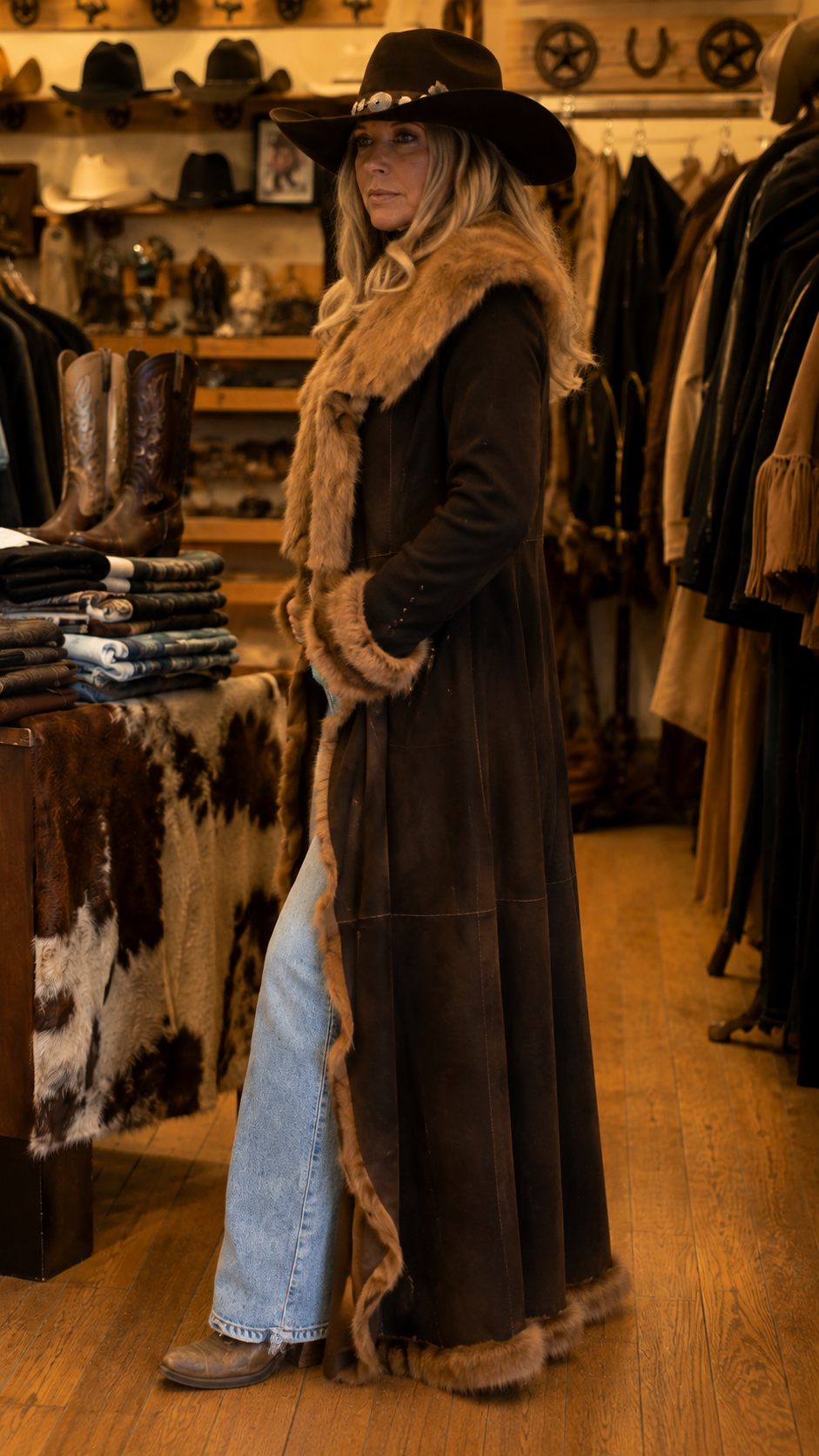 Western Faux Fur Trim Long Coat