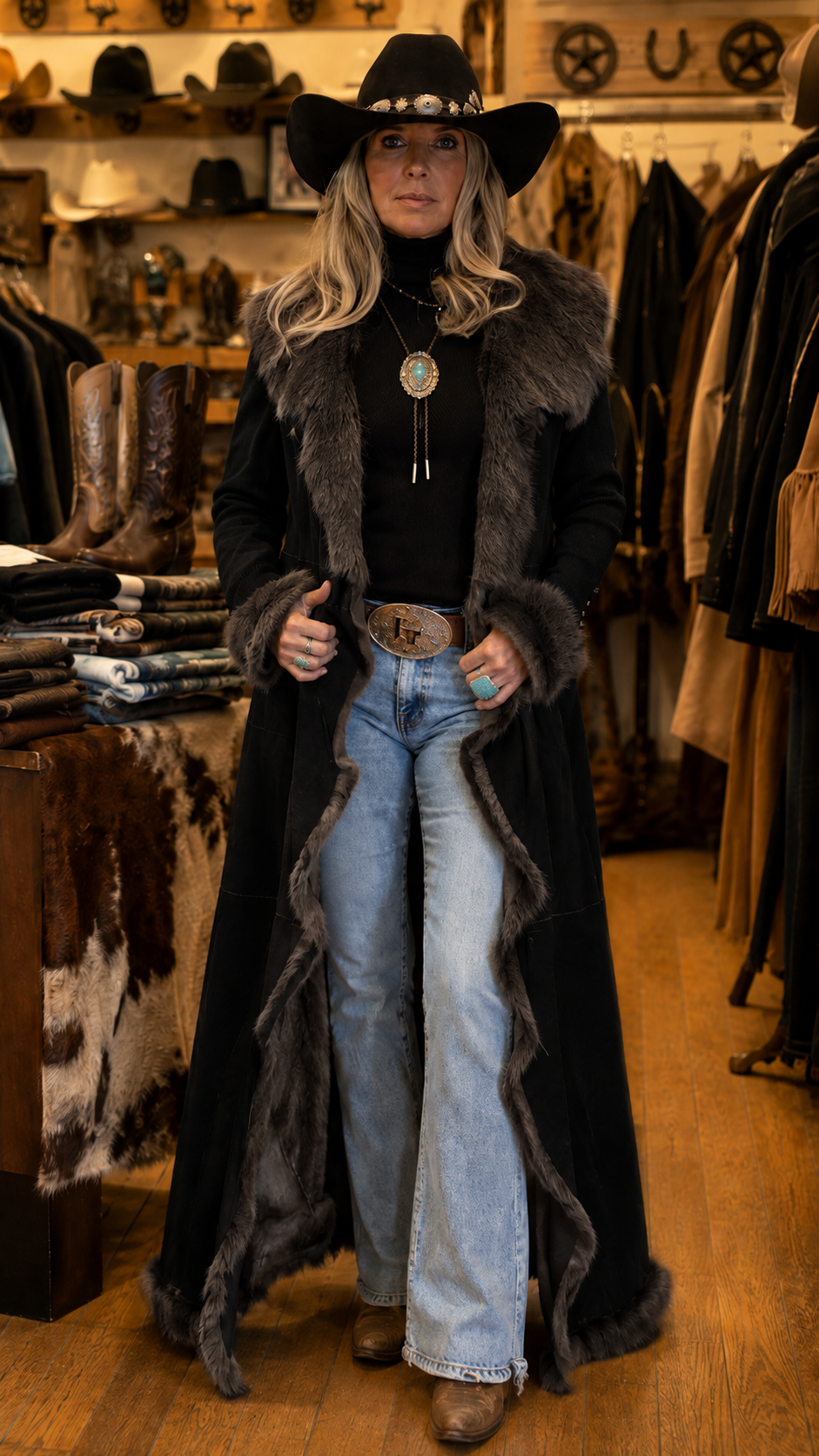 Western Faux Fur Trim Long Coat
