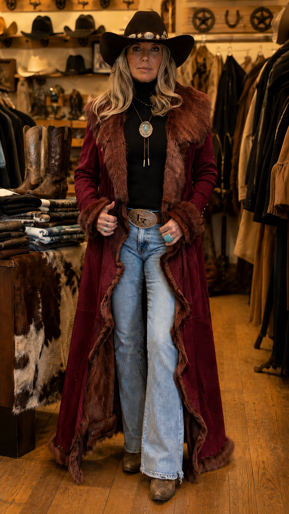Western Faux Fur Trim Long Coat