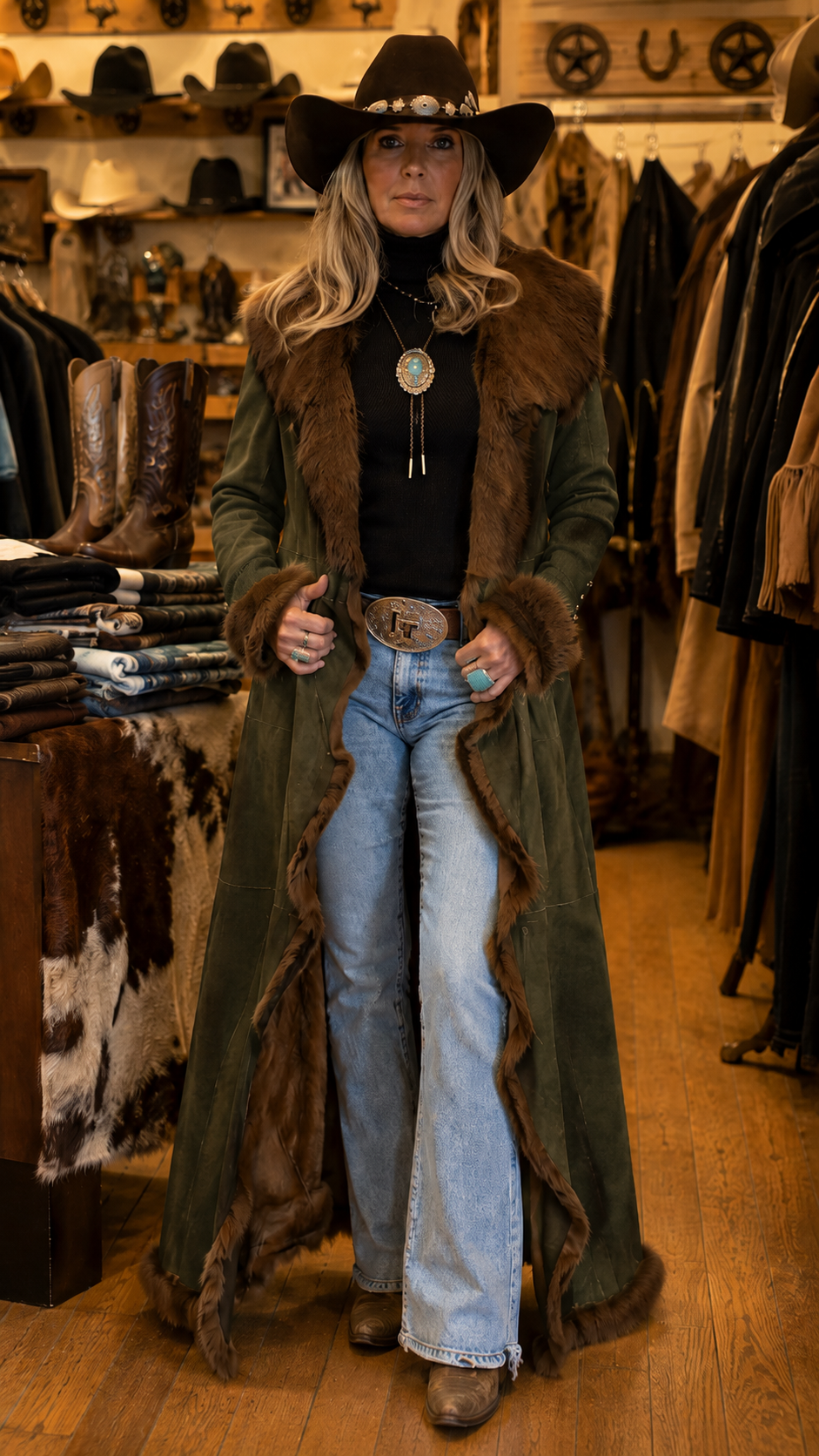 Western Faux Fur Trim Long Coat