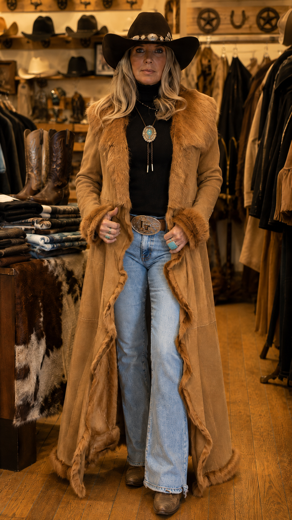 Western Faux Fur Trim Long Coat