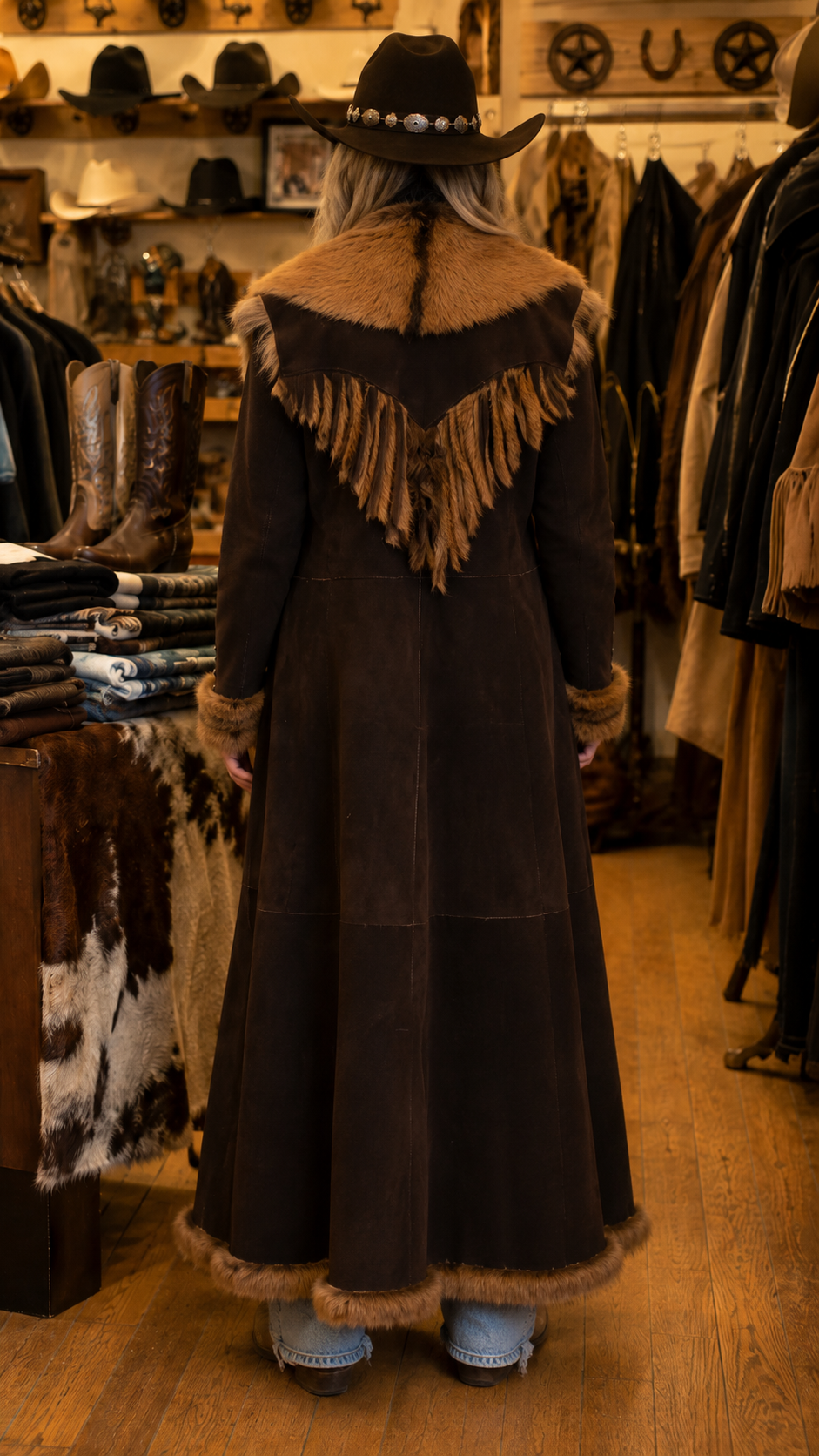 Western Faux Fur Trim Long Coat