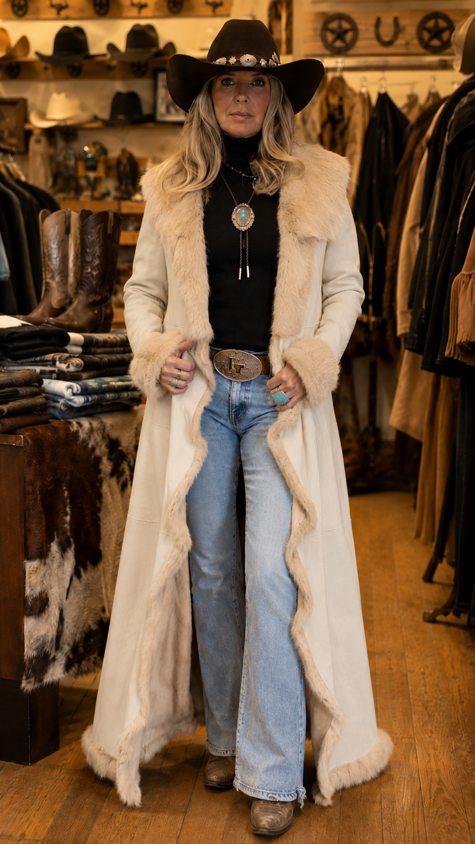 Western Faux Fur Trim Long Coat