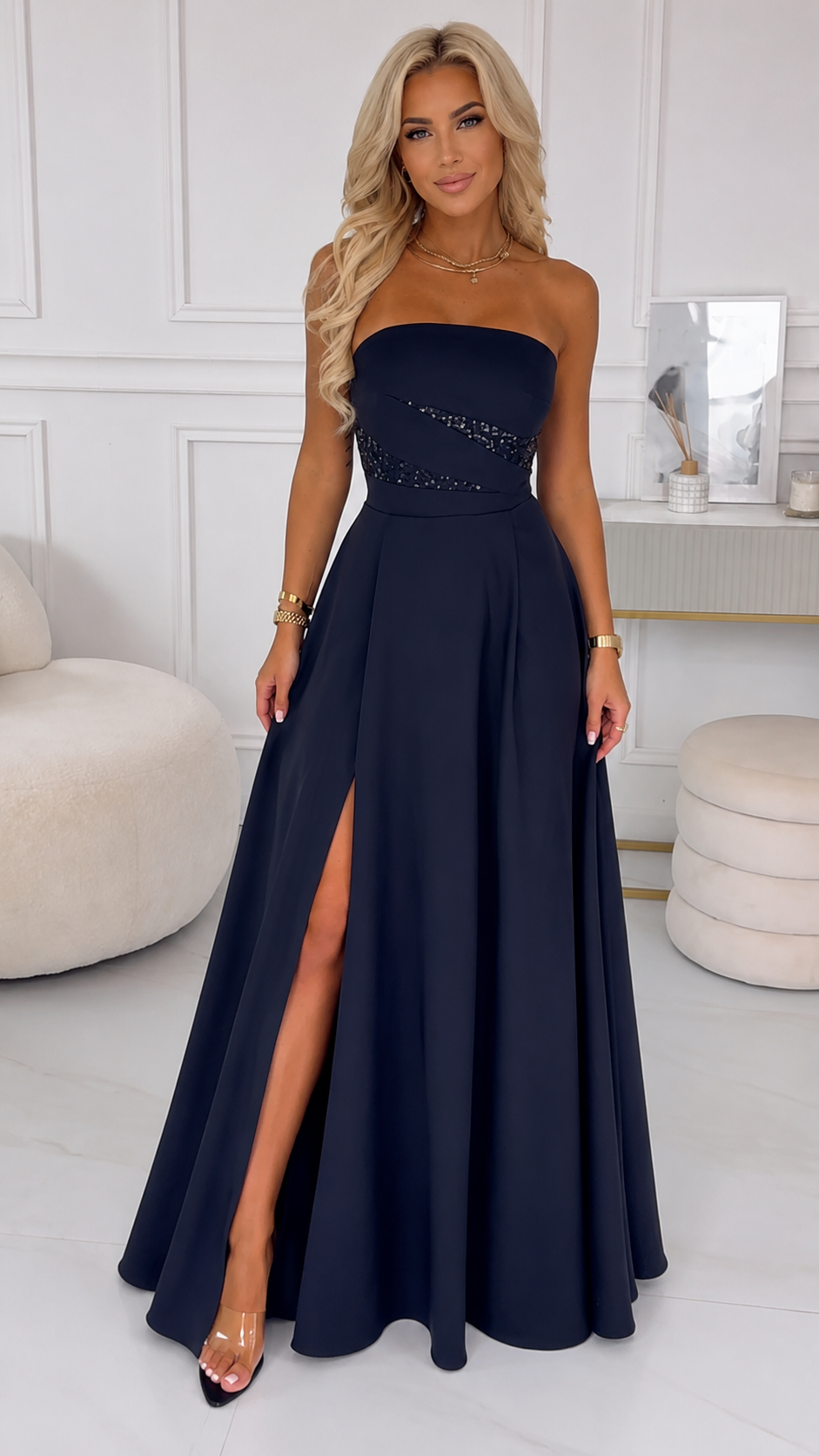 Midnight Elegance Strapless Sequin Slit Gown