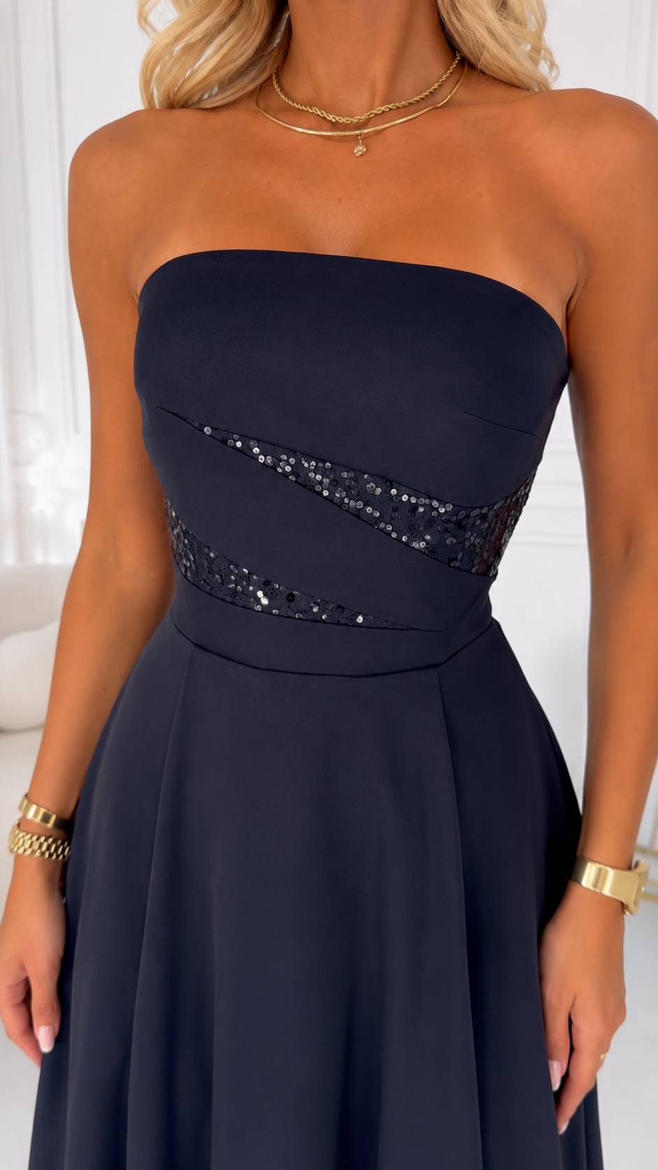 Midnight Elegance Strapless Sequin Slit Gown