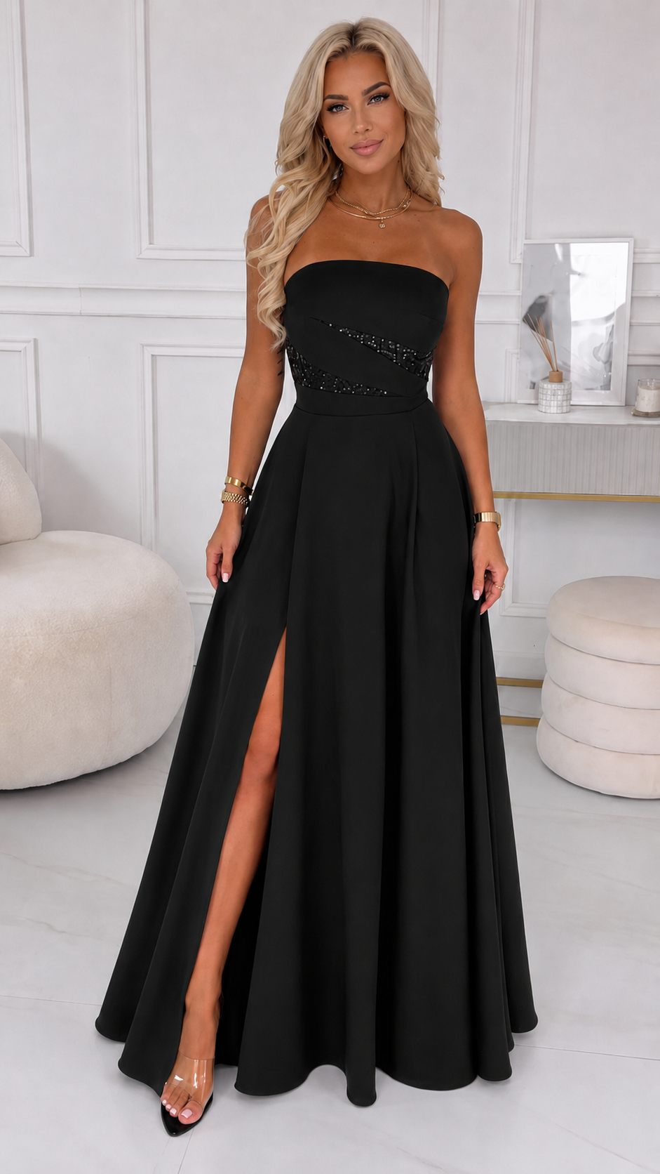 Midnight Elegance Strapless Sequin Slit Gown