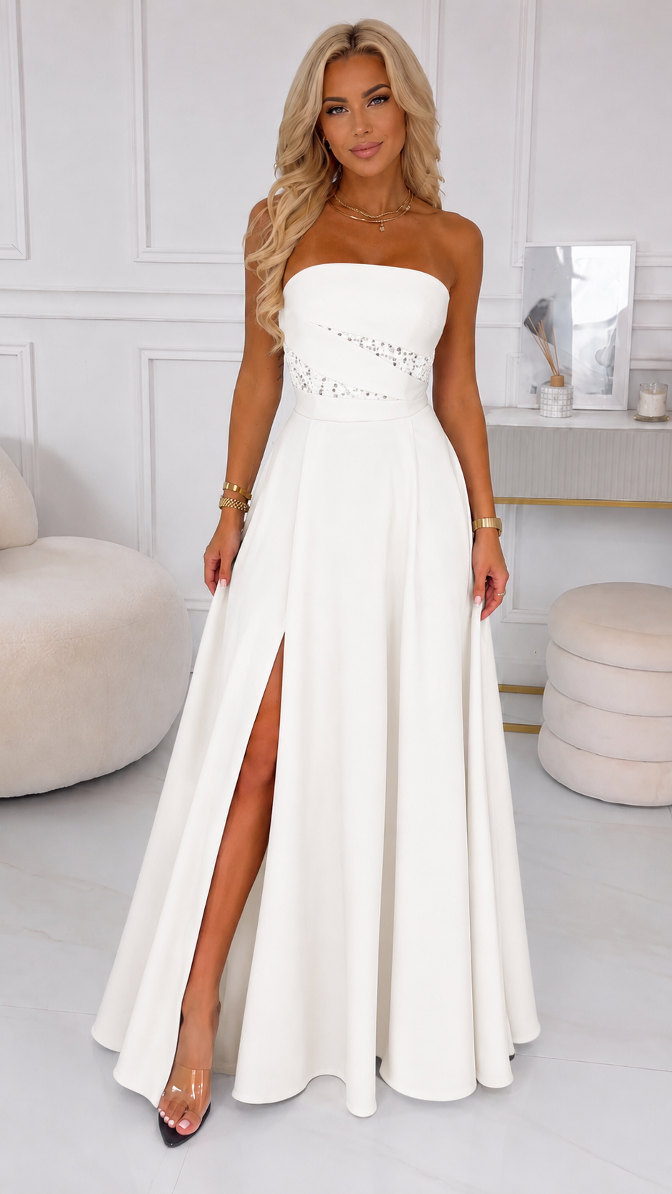 Midnight Elegance Strapless Sequin Slit Gown