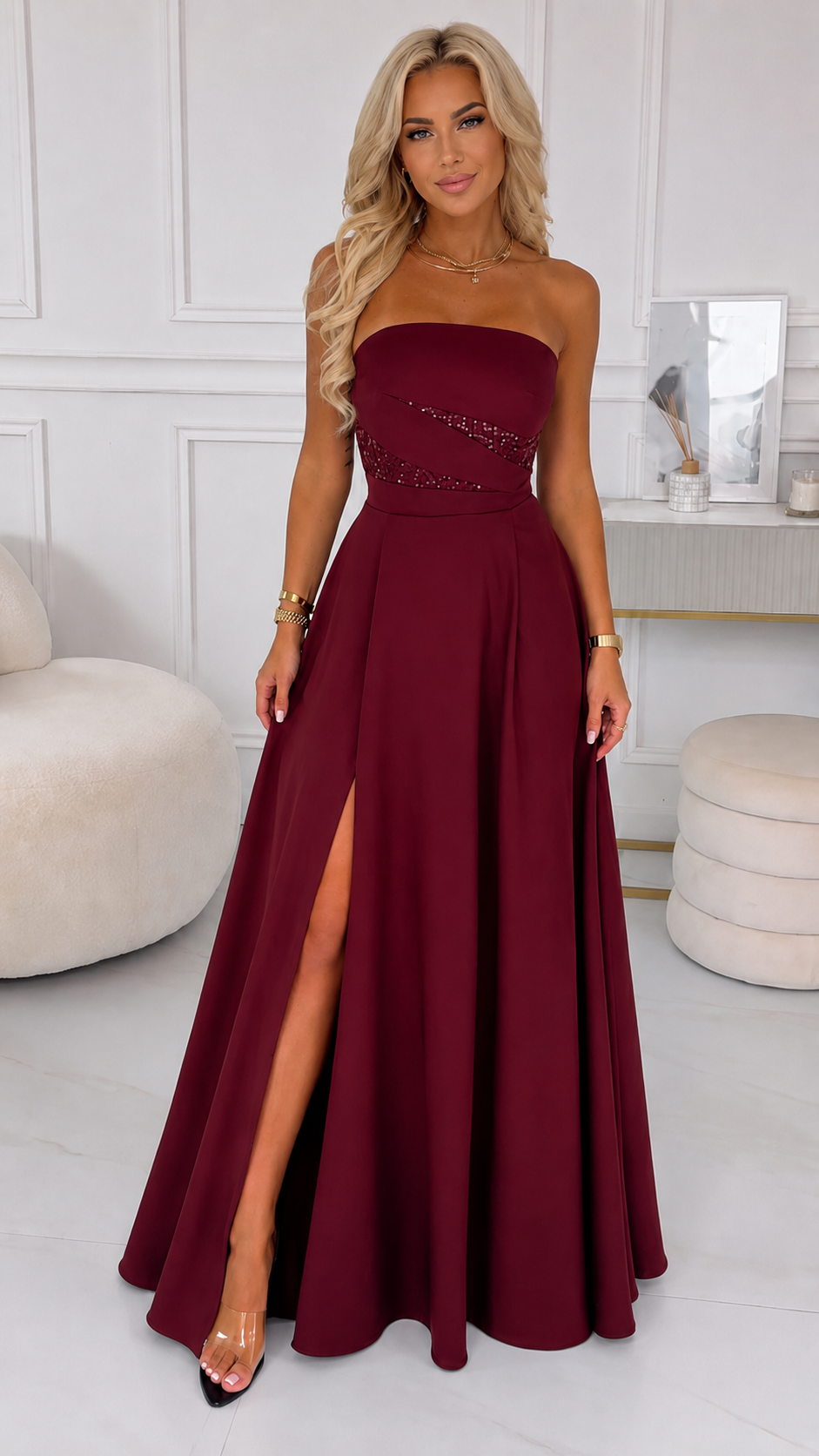 Midnight Elegance Strapless Sequin Slit Gown