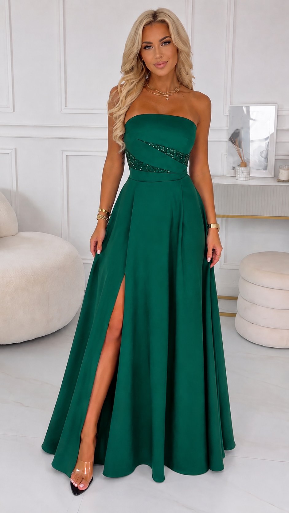 Midnight Elegance Strapless Sequin Slit Gown
