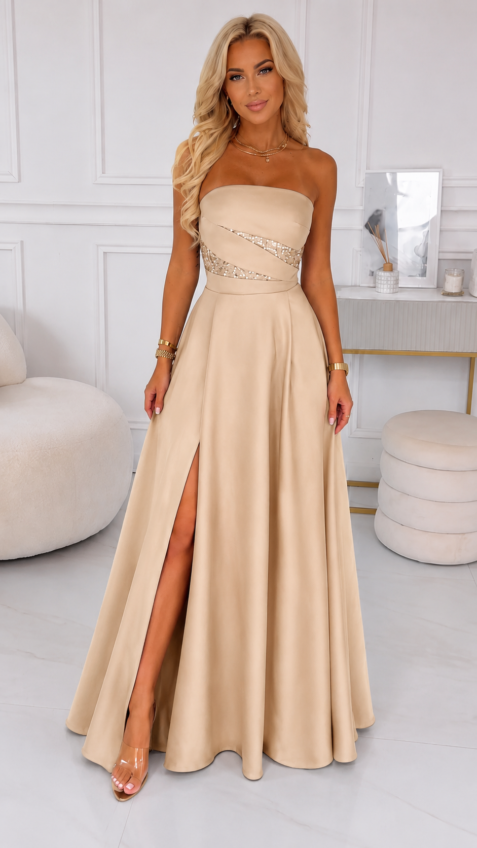 Midnight Elegance Strapless Sequin Slit Gown