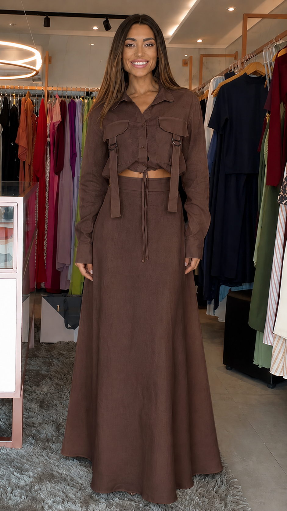 Elegant Utility Crop Shirt & Maxi Skirt Set