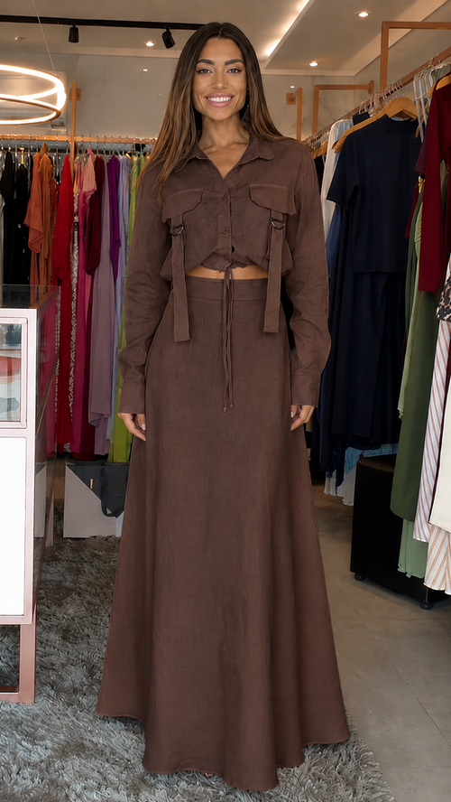 Elegant Utility Crop Shirt & Maxi Skirt Set