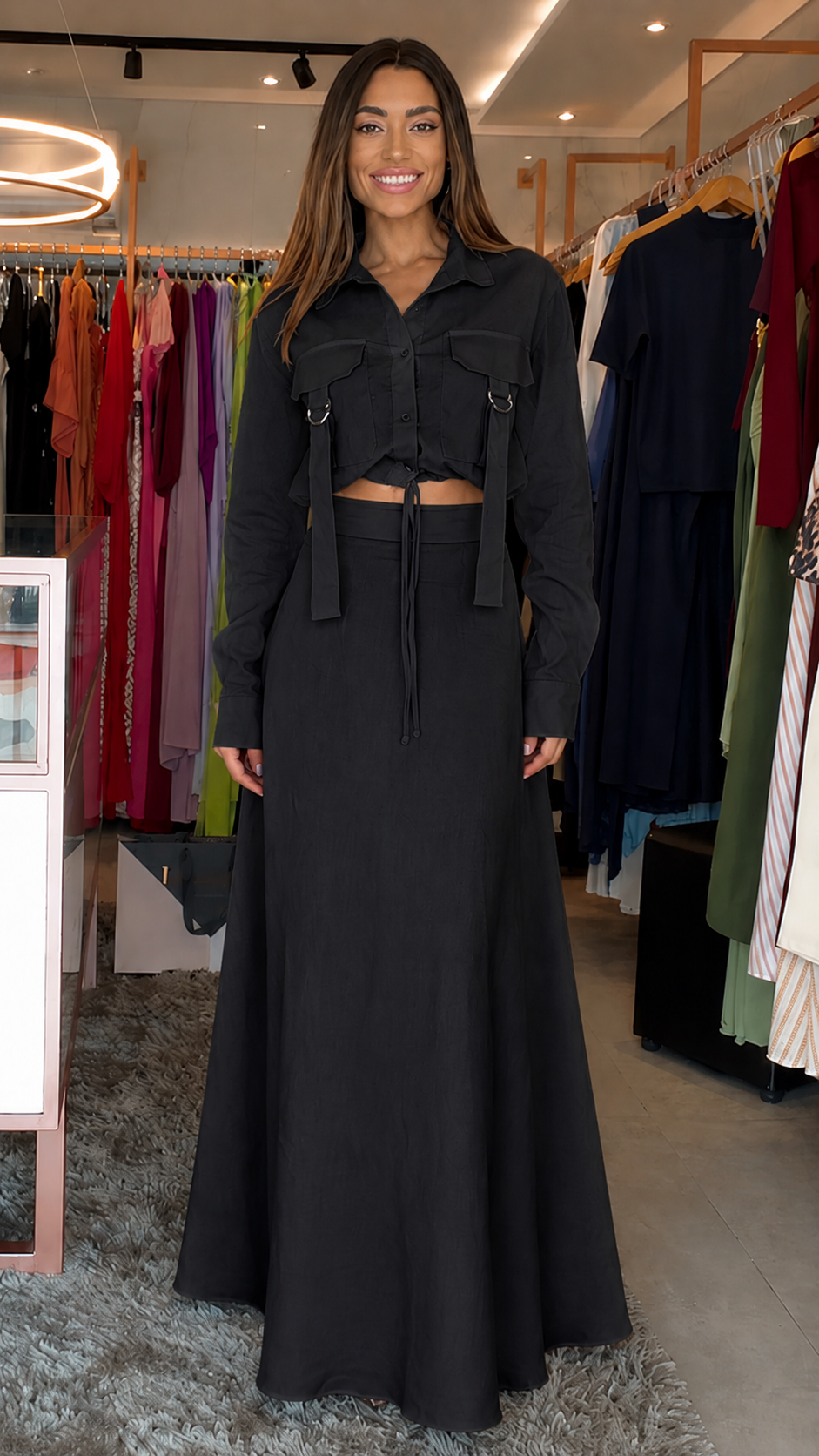 Elegant Utility Crop Shirt & Maxi Skirt Set
