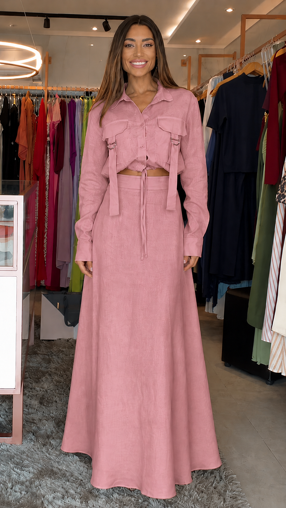 Elegant Utility Crop Shirt & Maxi Skirt Set