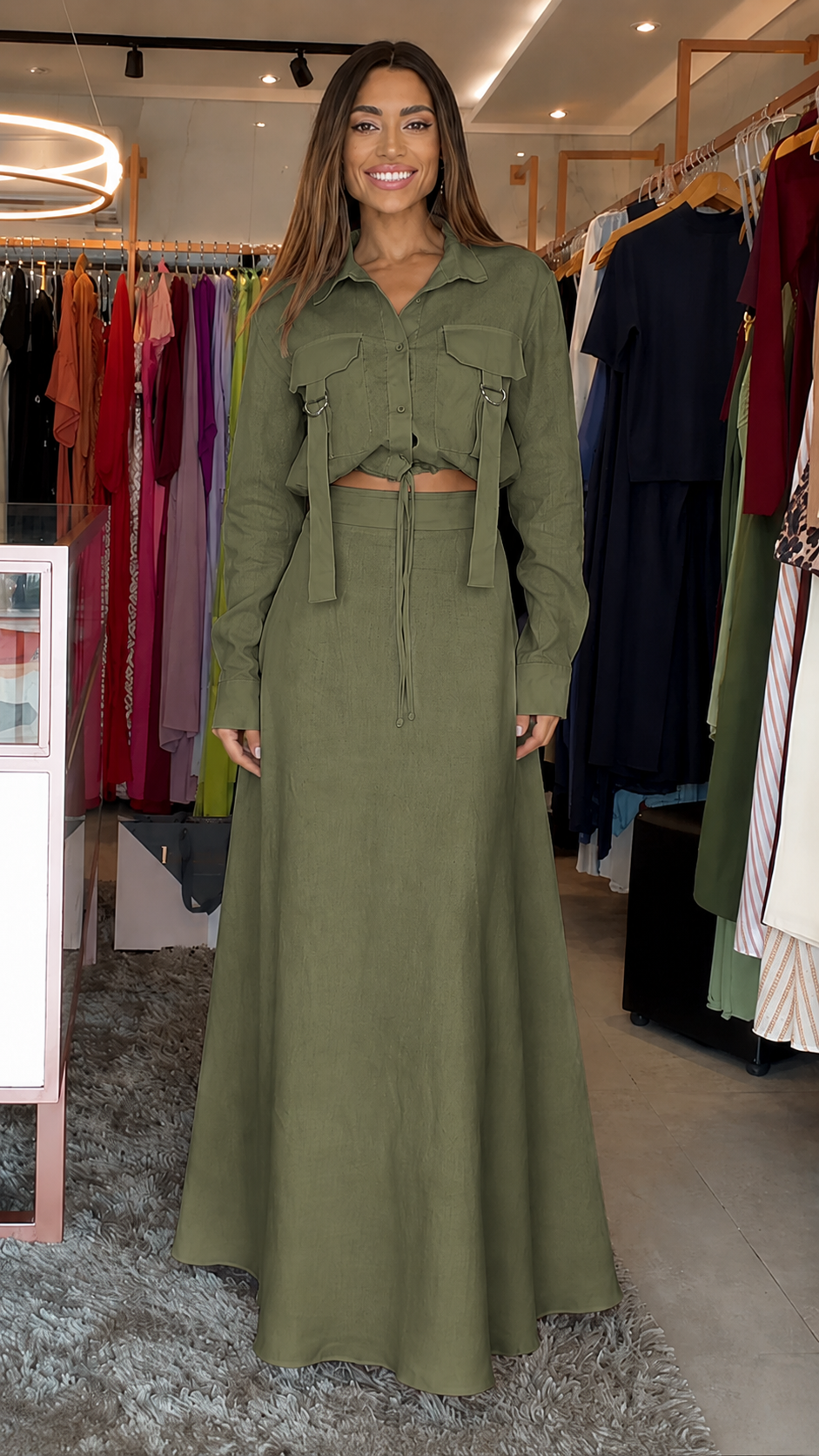 Elegant Utility Crop Shirt & Maxi Skirt Set