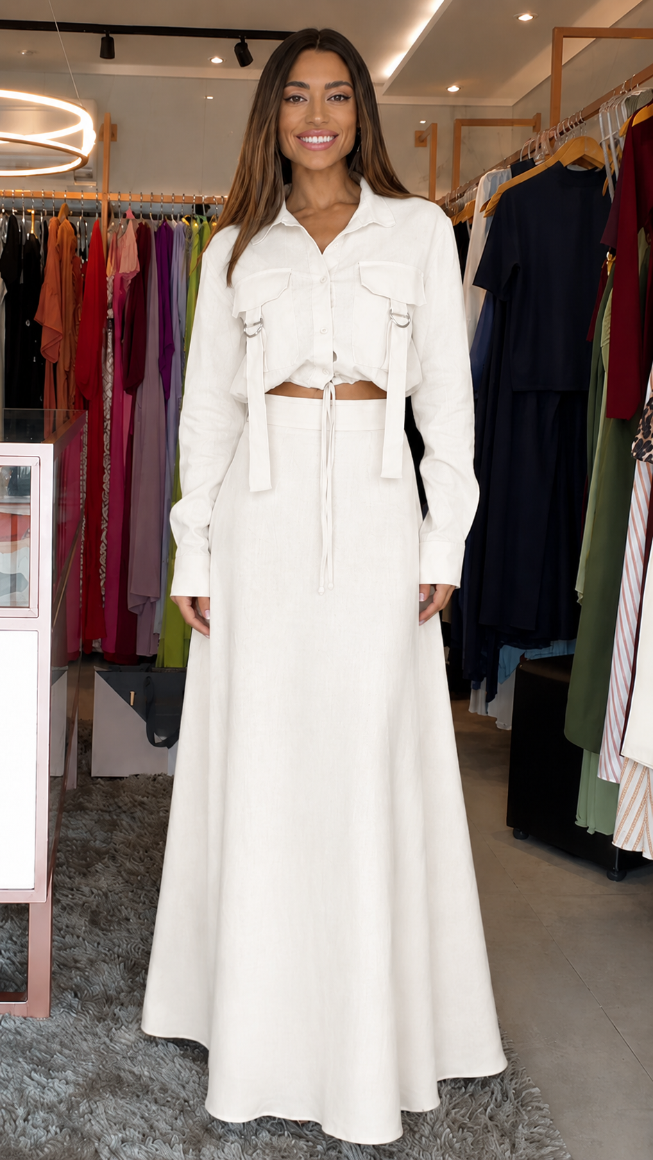 Elegant Utility Crop Shirt & Maxi Skirt Set