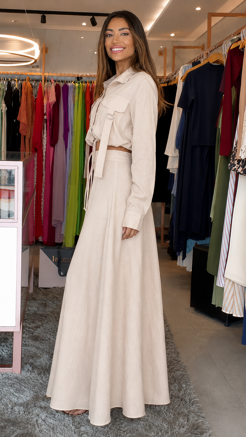 Elegant Utility Crop Shirt & Maxi Skirt Set