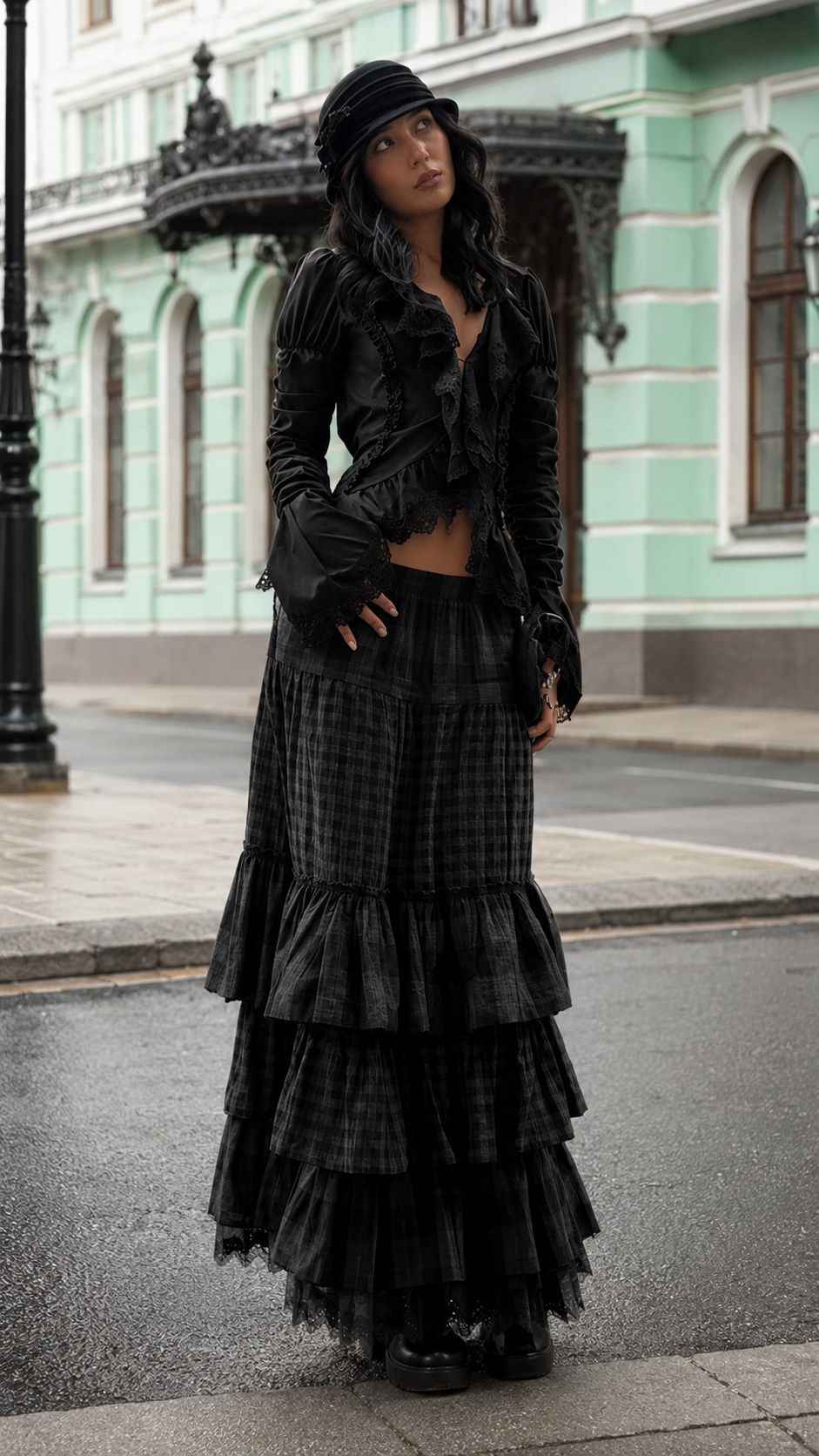 Black Gothic Ruffle Top & Tiered Maxi Skirt Set