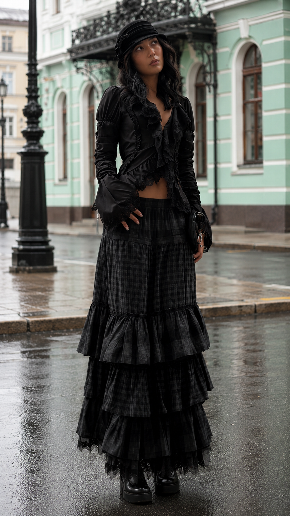 Black Gothic Ruffle Top & Tiered Maxi Skirt Set