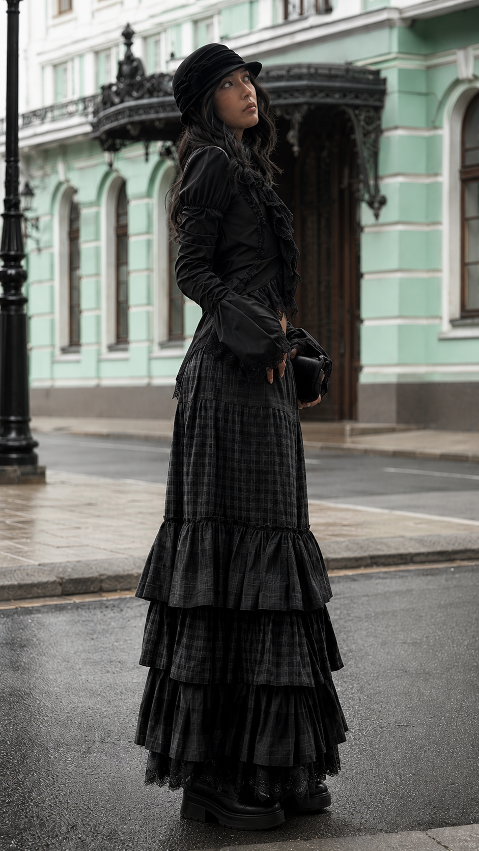 Black Gothic Ruffle Top & Tiered Maxi Skirt Set