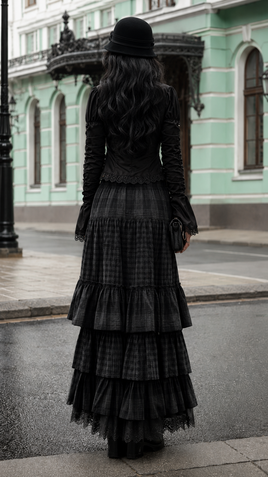 Black Gothic Ruffle Top & Tiered Maxi Skirt Set