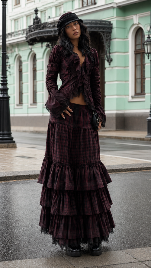 Black Gothic Ruffle Top & Tiered Maxi Skirt Set