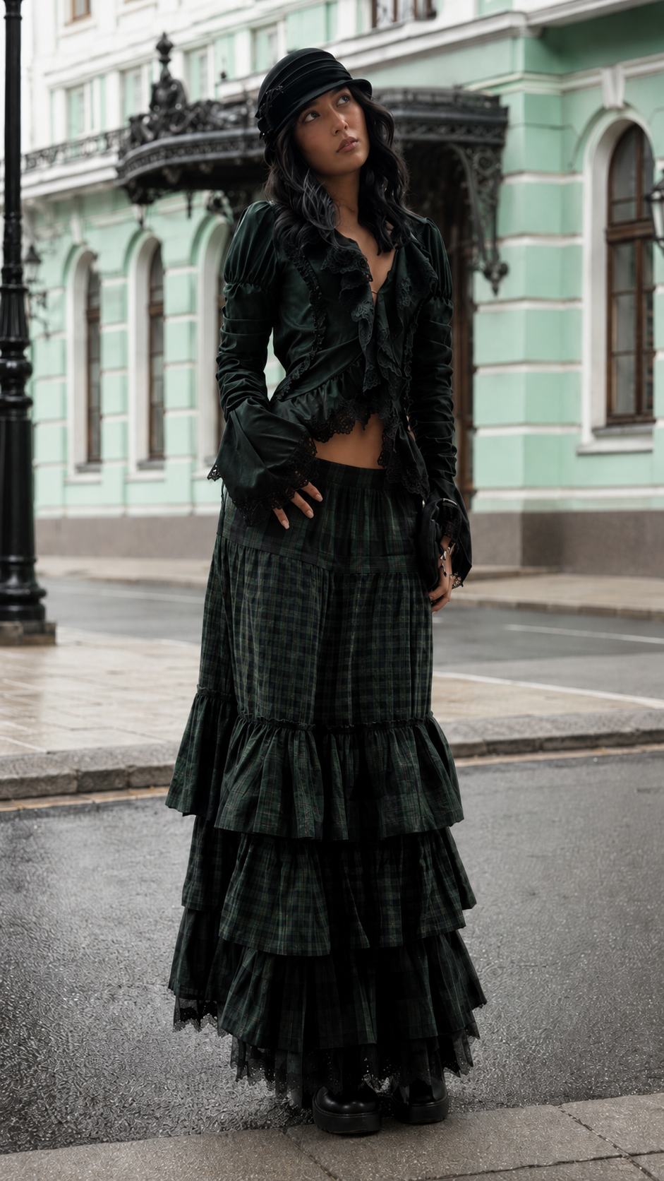 Black Gothic Ruffle Top & Tiered Maxi Skirt Set