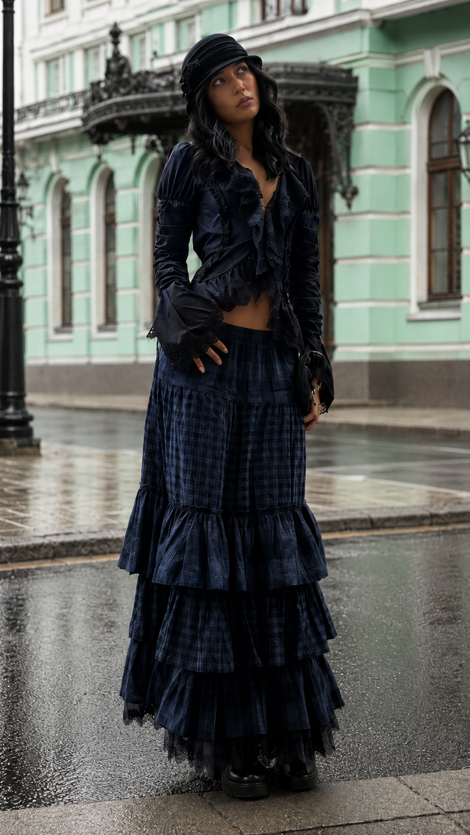 Black Gothic Ruffle Top & Tiered Maxi Skirt Set